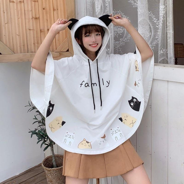 Cat Family Poncho - White - sweater