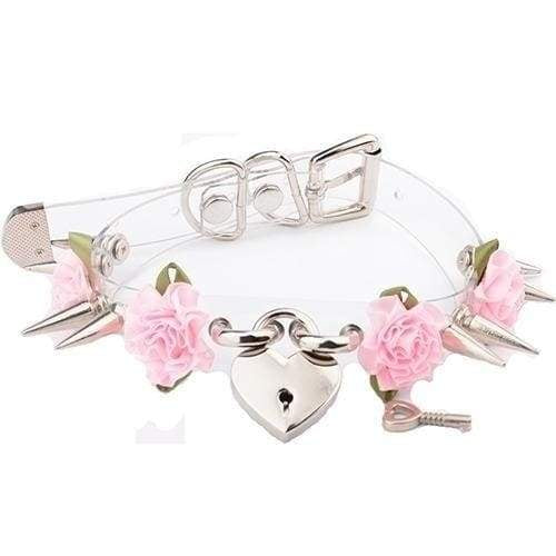 Clear Spiked Floral Choker Collar Necklace Transparent Gold Silver Spiky Heart Lock And Key BDSM Kink Fetish S&M by DDLG Playground