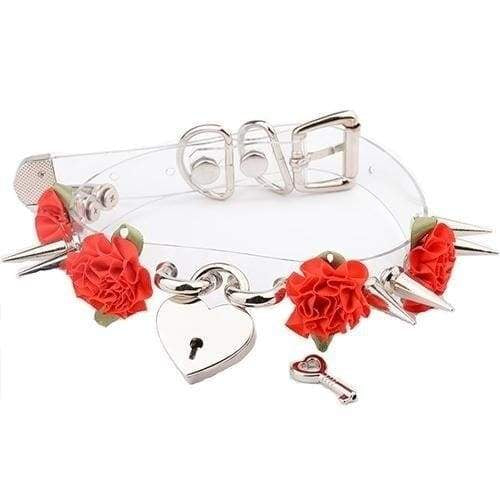 Clear Spiked Floral Choker - Red Flower Silver - Choker