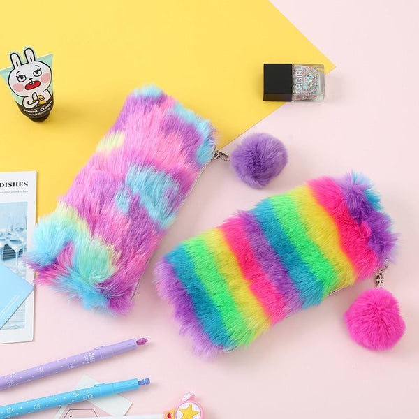 Bright Rainbow Vegan Fur Storage Pencil Bag Makeup Cosmetic Case Kawaii 