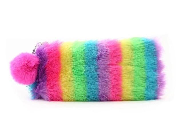Bright Rainbow Vegan Fur Storage Pencil Bag Makeup Cosmetic Case Kawaii 
