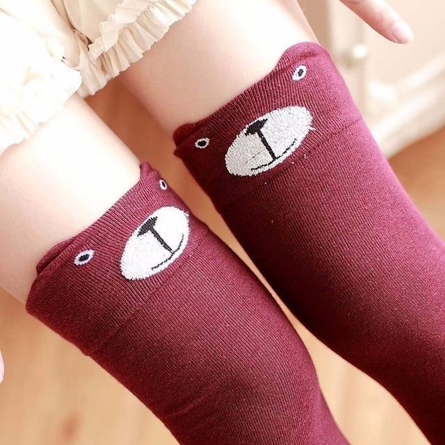 Cotton Animal Thigh Highs - Red Bear - stockings