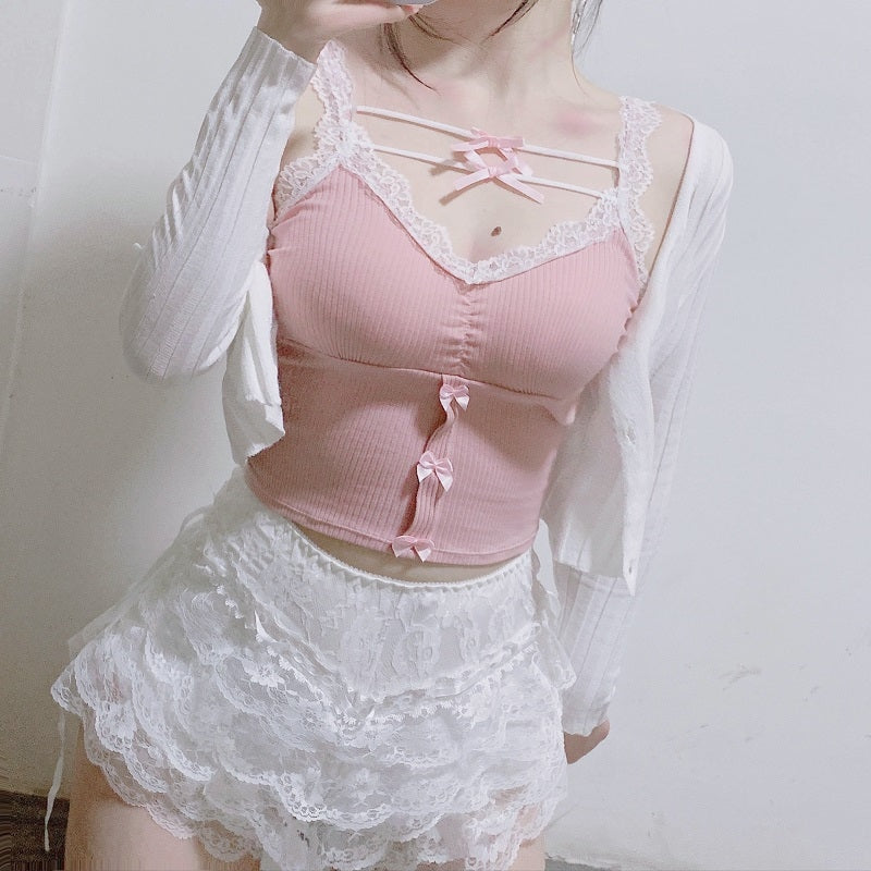Cotton Ribbon Fairy Tank - Pink Crop Top - angelcore, crop top, tops, cropped, cropped top