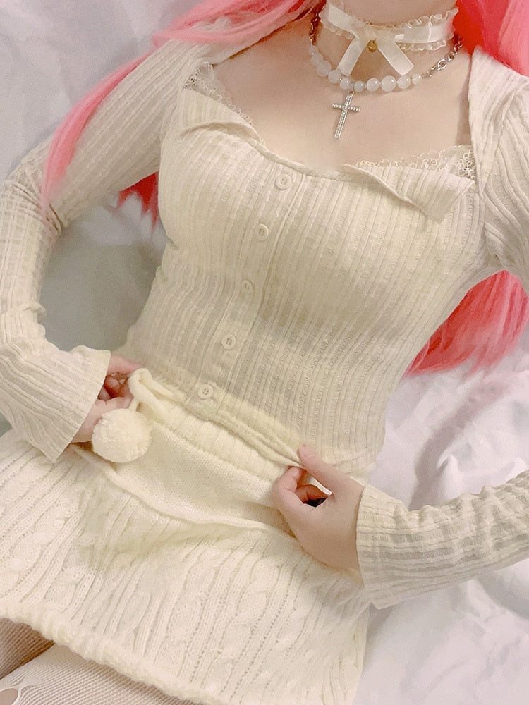 Cream Knit Cropped Sweater - cardigan, cardigans, coquette, dollette, fae Kawaii Babe
