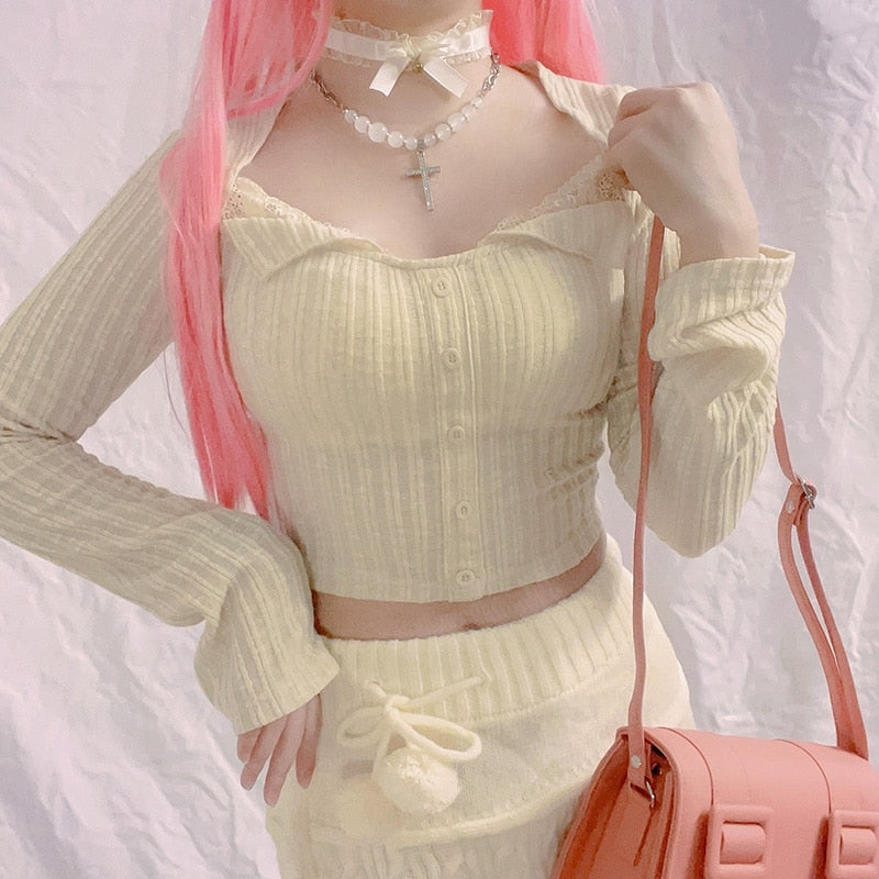 Cream Knit Cropped Sweater - cardigan, cardigans, coquette, dollette, fae Kawaii Babe