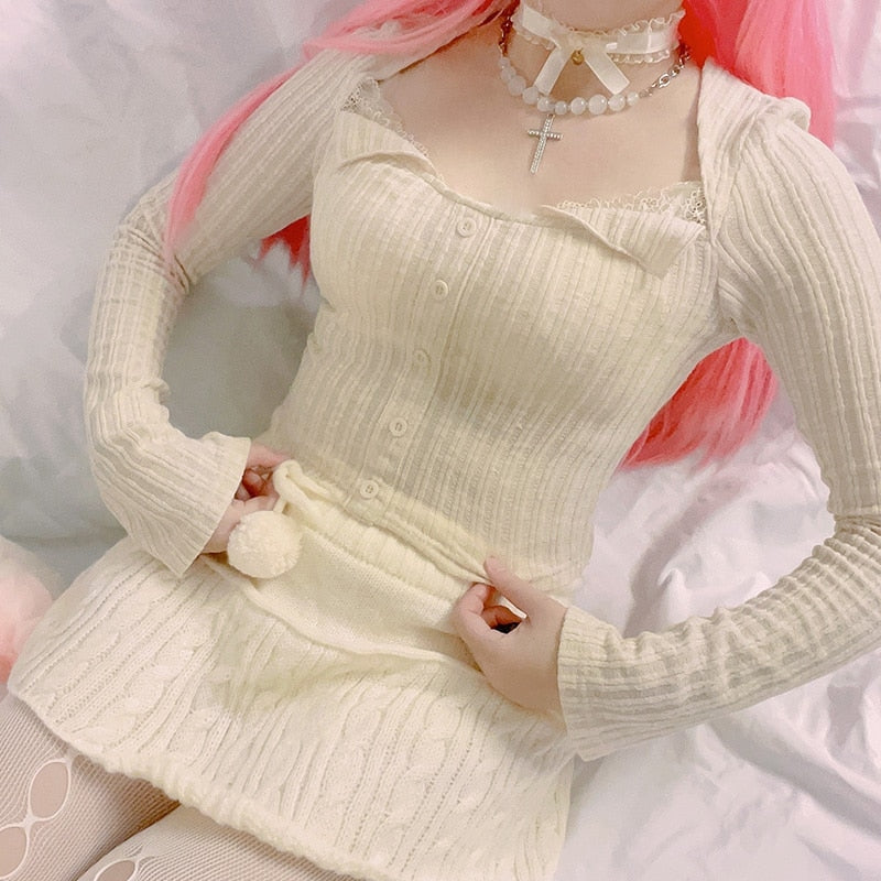 Cream Knit Cropped Sweater - cardigan, cardigans, coquette, dollette, fae Kawaii Babe