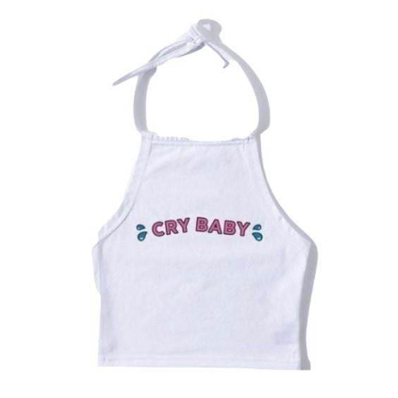 Cry Baby White Halter Top Cropped Shirt Tank Spaghetti Strap ABDL Age Play Fetish Kink 
