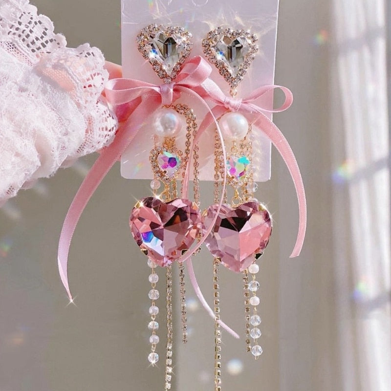 Orecchini Lunghi A Goccia Con Cristalli Rosa E Tasselli - Placcati Oro Rosa - Donna