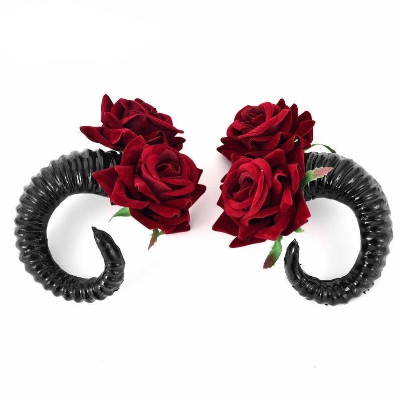 Devil Horn Ram Hair Clips - Black Rose - floral, goat, goats, hair accessories, clip