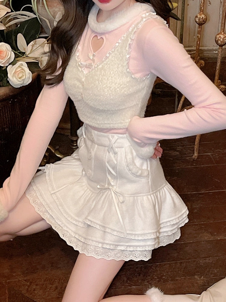 Dollette Skirt & Turtleneck Outfit - angel, belly shirt, crop tops, dollcore, dollette