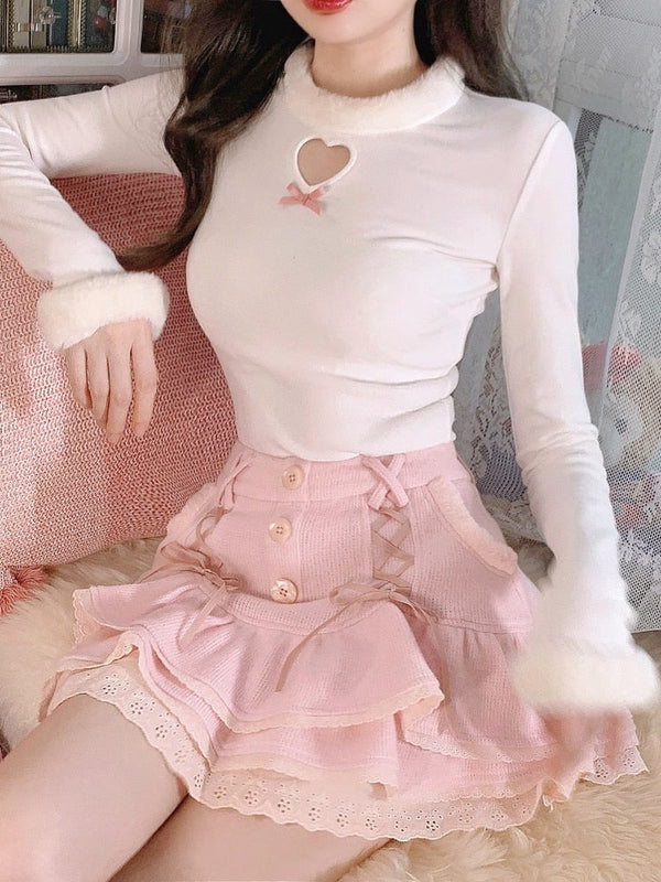 Dollette Skirt & Turtleneck Outfit - White / S - angel, belly shirt, crop tops, dollcore, dollette