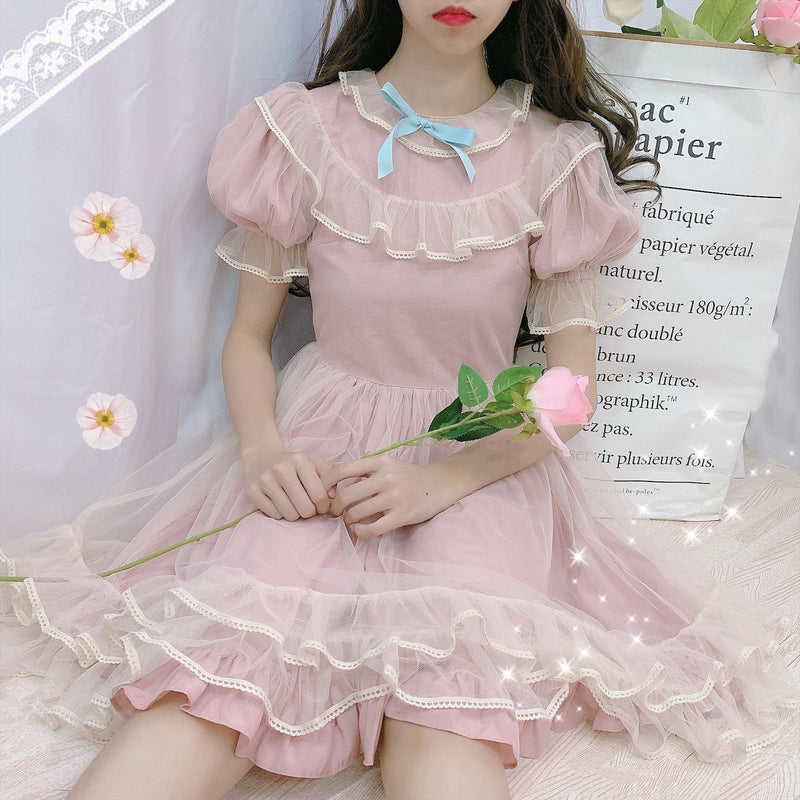 Dusty Pink Fairy Gown Lolita Dress Ruffled Cap Sleeves Kawaii Babe L Dusty Pink Fairy Gown Lolita Dress Ruffled Cap Sleeves Kawaii Babe L