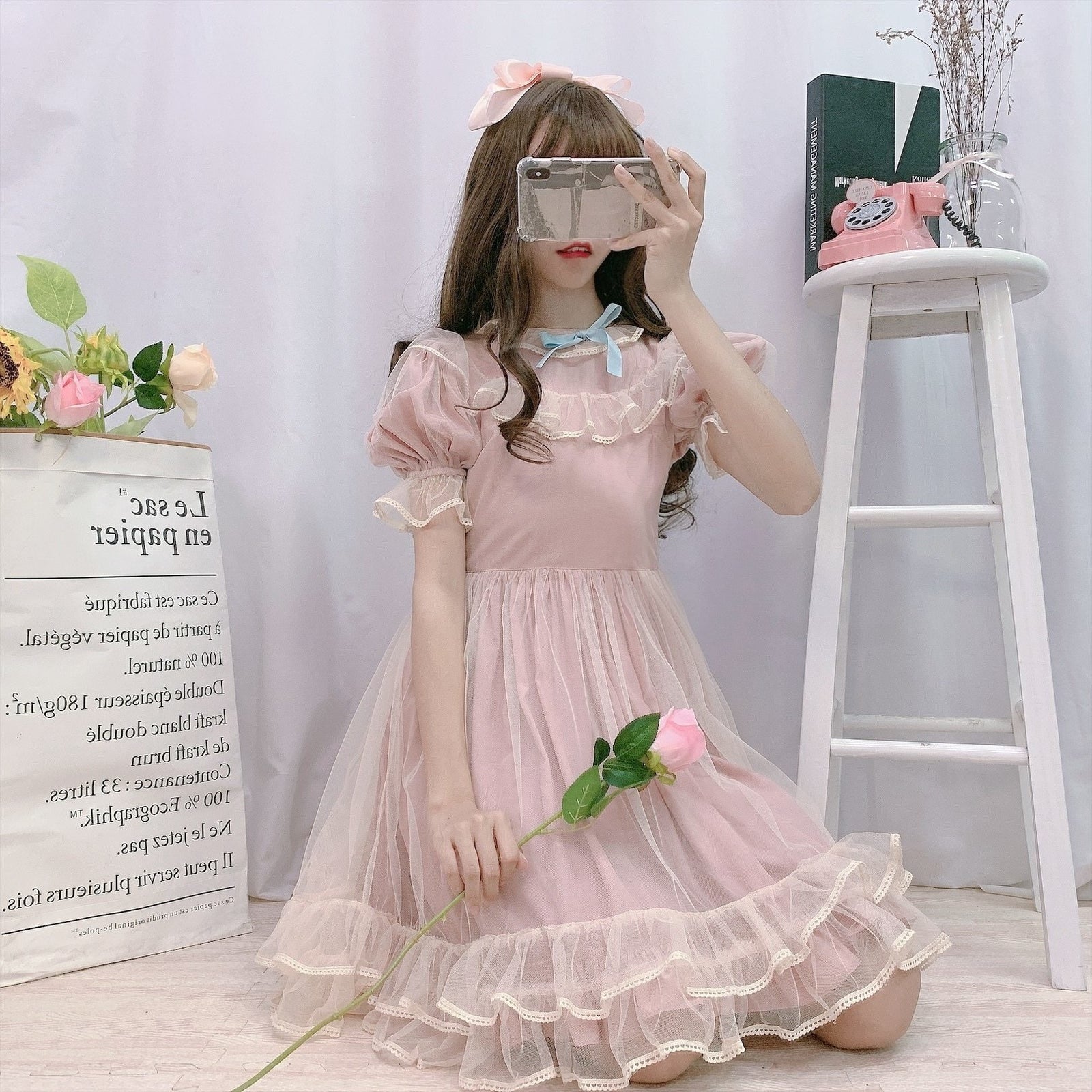 Dusty Pink Fairy Gown Lolita Dress Ruffled Cap Sleeves Kawaii Babe