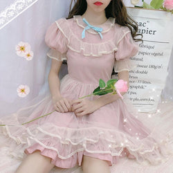 Dusty Pink Fairycore Dress with Puff Sleeves and Chiffon Ruffles L