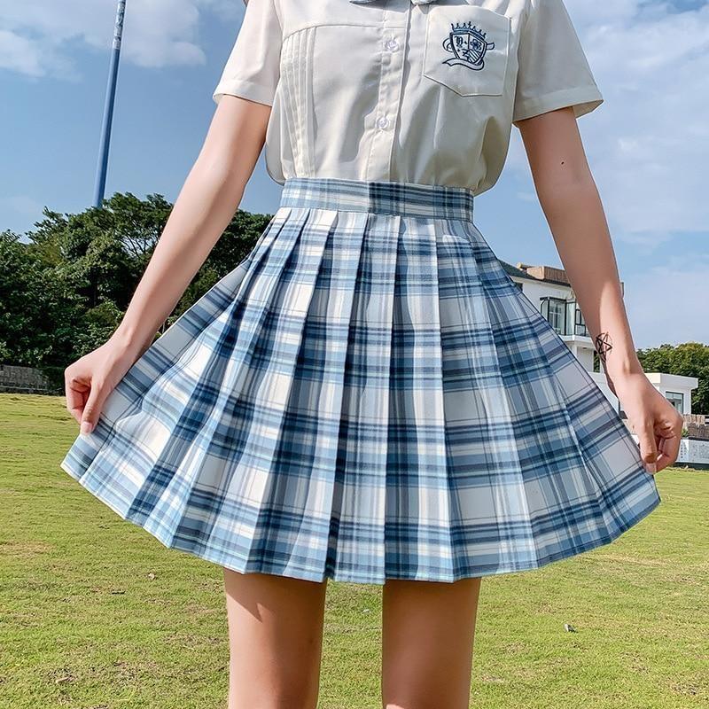 Pleated Plaid High Waisted Plaid Skirt Blue Aesthetic Tartan Skirt