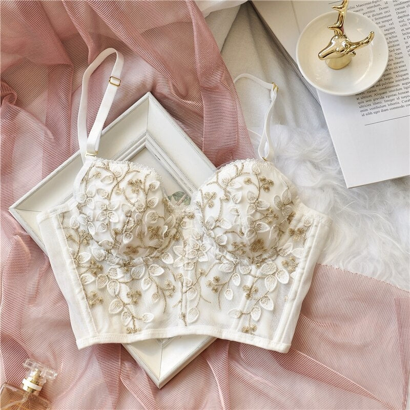 FLORAL EMBROIDERED BUSTIER CROP TOP