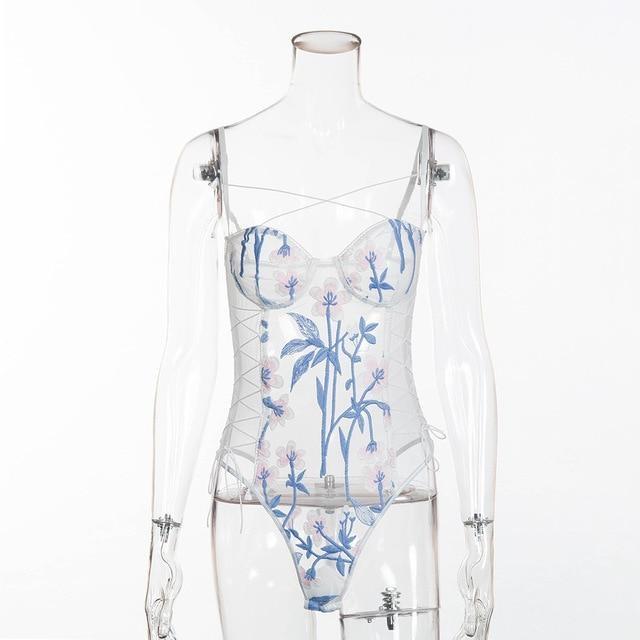 Floral Mesh Harnessed Bodysuit - bodysuit, dresses, flower jumpsuit, jumpsuits