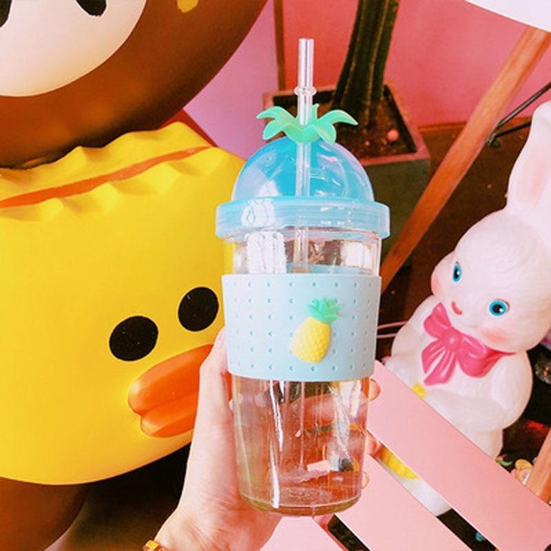 Fruit Straw Pineapple Drinking Cup Water Bottle Glass Summer Cute Kawaii