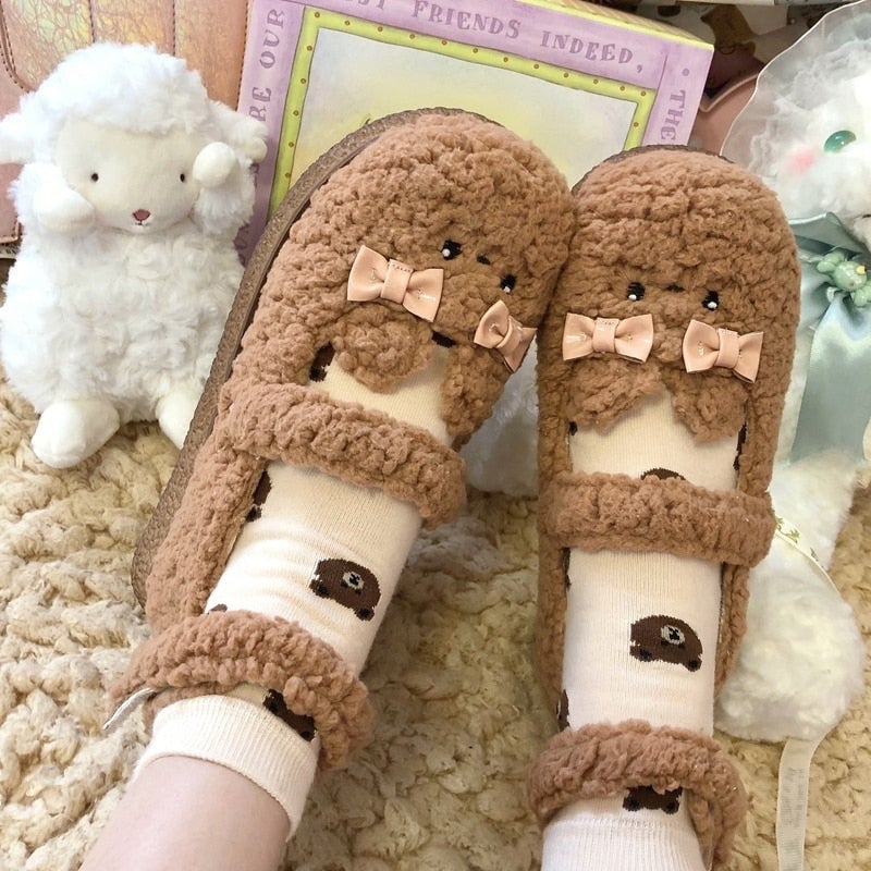 Fuzzy Bear Mary Janes - Brown / 4 - bear shoes, feetwear, footwear, furry fuzzy shoe