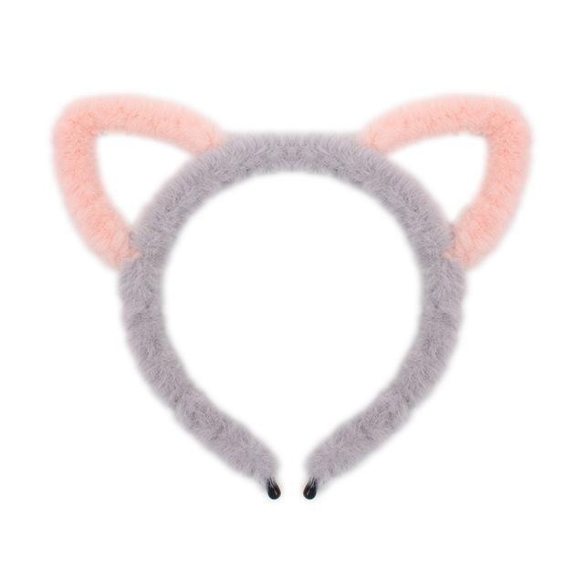 Fuzzy Ear Headbands - Grey/Pink Cat Ears - hair accessory