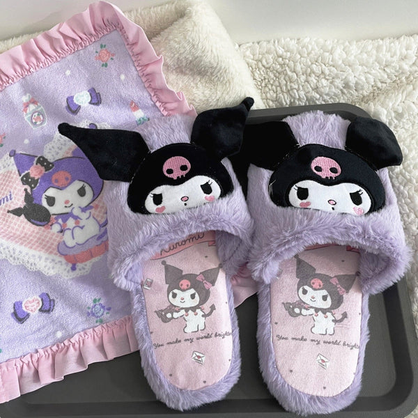 Fuzzy Kuromi Slippers - baby bunny, bunnies, bunny rabbit, shoes, cinnamoroll