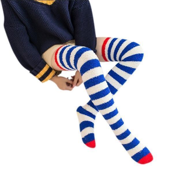 Fuzzy Soft Furry Navy Striped Thigh High Stockings Soft Socks Over The Knee Kawaii Soft Furry