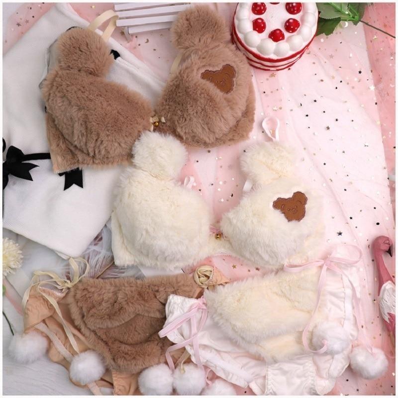 Furry Fuzzy Brown Teddy Bear Lingerie Set Bra Panties | Kawaii Babe