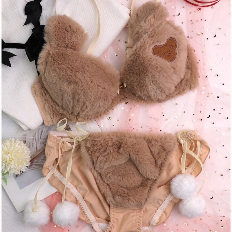 Furry Fuzzy Brown Teddy Bear Lingerie Set Bra Panties