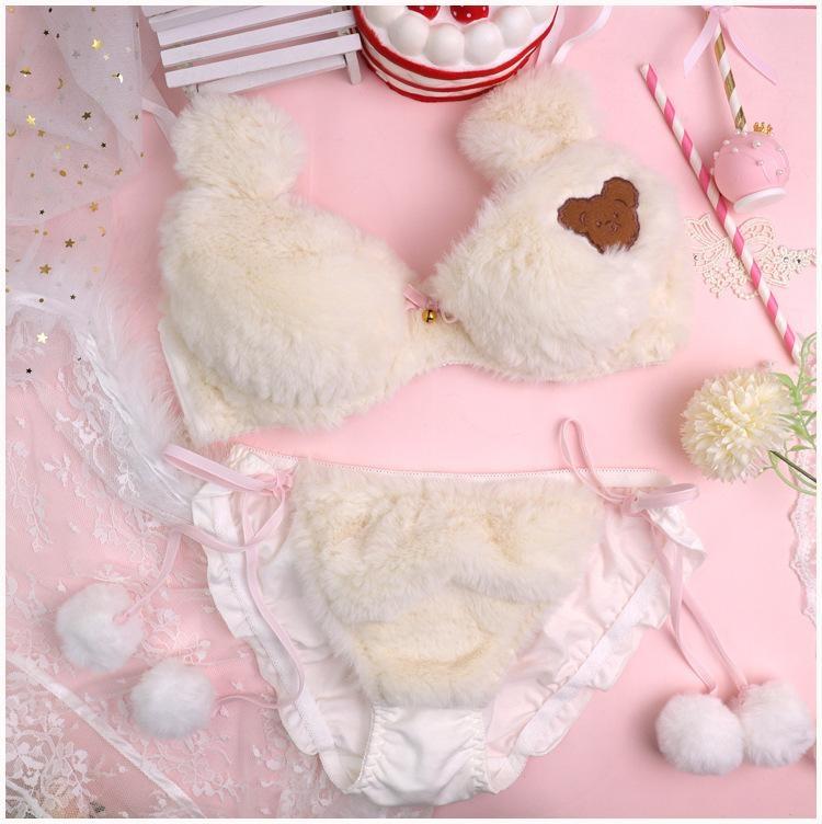 Fuzzy Teddy Bear Lingerie Set - White / XL - bear, bear ears, lingerie, bra, bralette