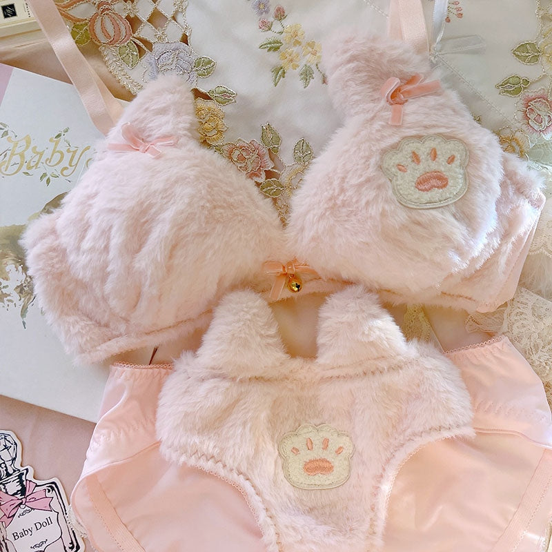 Fuzzy Teddy Lingerie Set - Pink Paw / L - bra and panties, bralette, bras, brasier, fuzzy