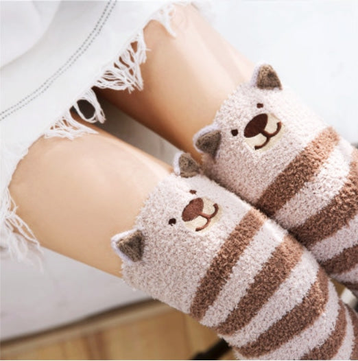 Fuzzy Thigh Highs (15+ Styles) - Brown Bear - Socks