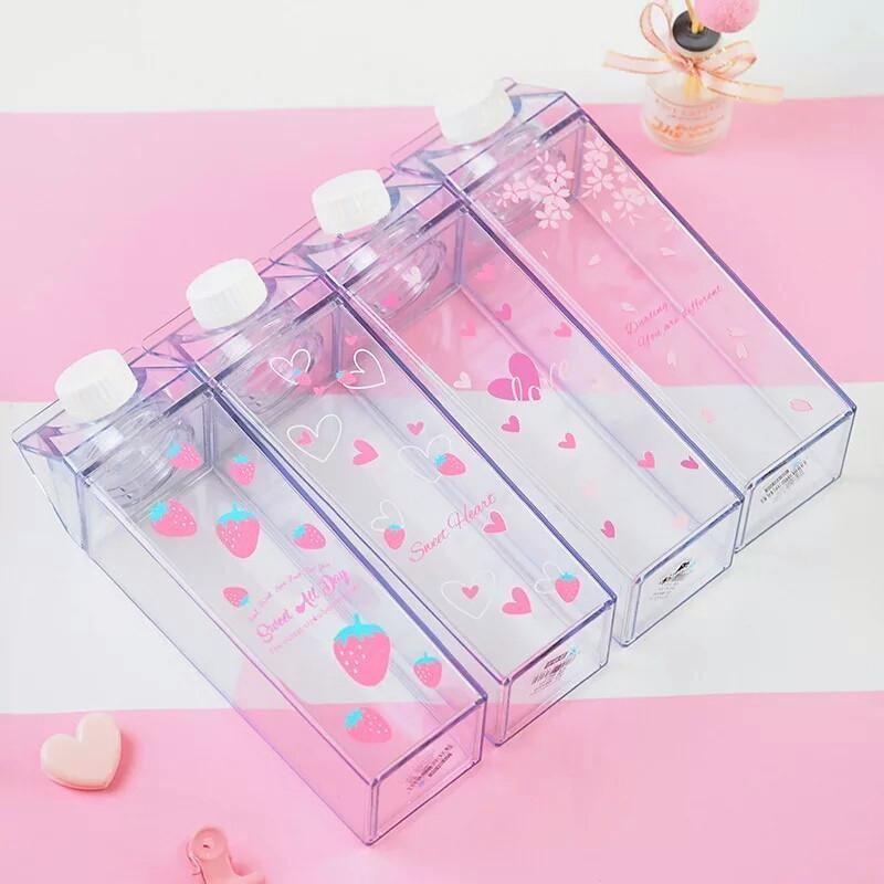 Glass Clear Milk Carton Water Bottle Drinking Cups Kawaii Cute Pink Strawberry Flamingo Unicorn