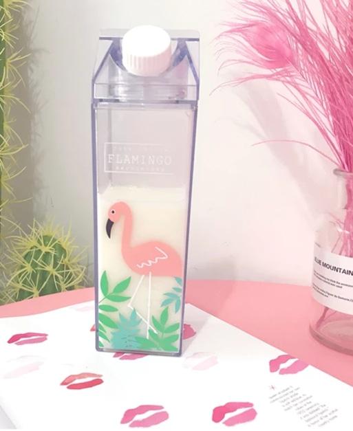 Glass Milk Carton Bottle - Single Flamingo In Bush - cup