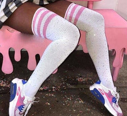 Glitter Rainbow Thigh Highs - White Pink Glitter - Socks