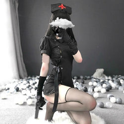 Gothic Nurse Cosplay - Black - army, army nurse, bad ass badass cheongsam