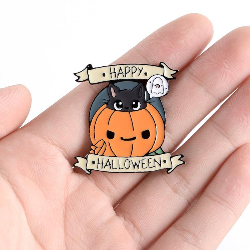 Happy Halloween Enamel Pin Lapel Brooch Pumpkin Cat | Kawaii Babe