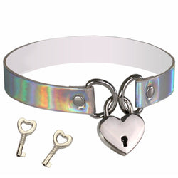 Sexy Holographic Shiny Choker Necklace BDSM Bondage Gag Heart Locket & Key 
