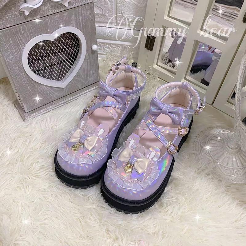 Holographic Bunny Lolita Flats - bear ears, shoes, bunny cotton candy