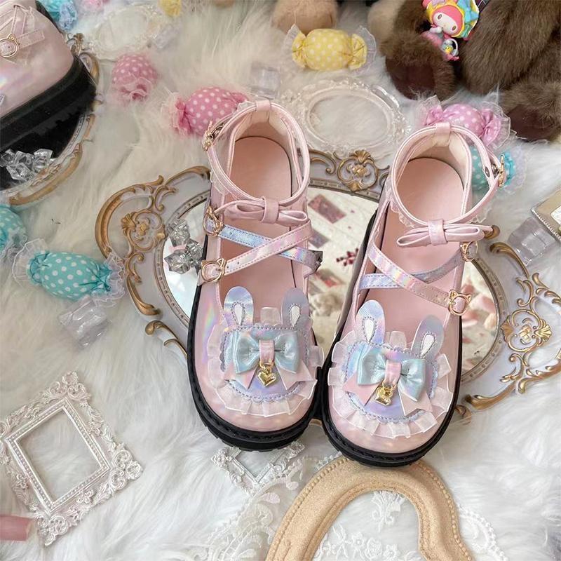 Holographic Bunny Lolita Flats - Pink / 11.5 - bear ears, shoes, bunny cotton candy