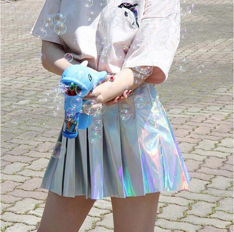 Holographic Silver Harajuku Pleated Mini Skirt J-Fashion Kawaii 