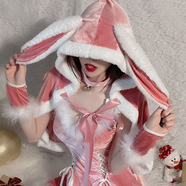 Hooded Pink Christmas Bunny Set - Outfit Only (No Shawl) - bunny dress, ears, rabbit, costumes, dress