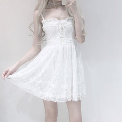White Lace Bridal Shower Dress Innocent Bride Ruffles Lace Up Elegant Kawaii Dresses