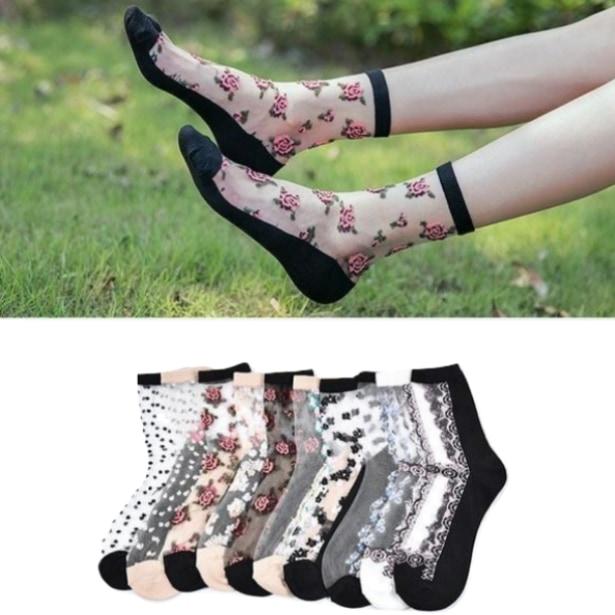 Transparent Clear Nylon Flower Socks Ankle Stockings Floral Roses Invisible