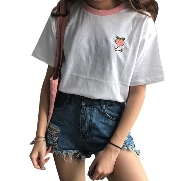 Korean Fruit T-Shirt Tee Top Embroidered Peach Harajuku Japan Fashion 