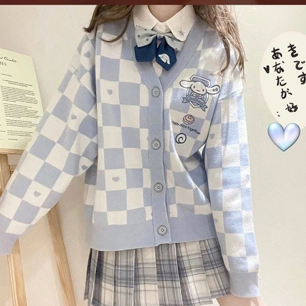 Kawaii Checkered Cardigan - M / Blue - brown, bunnies, bunny, cardigan, cardigans
