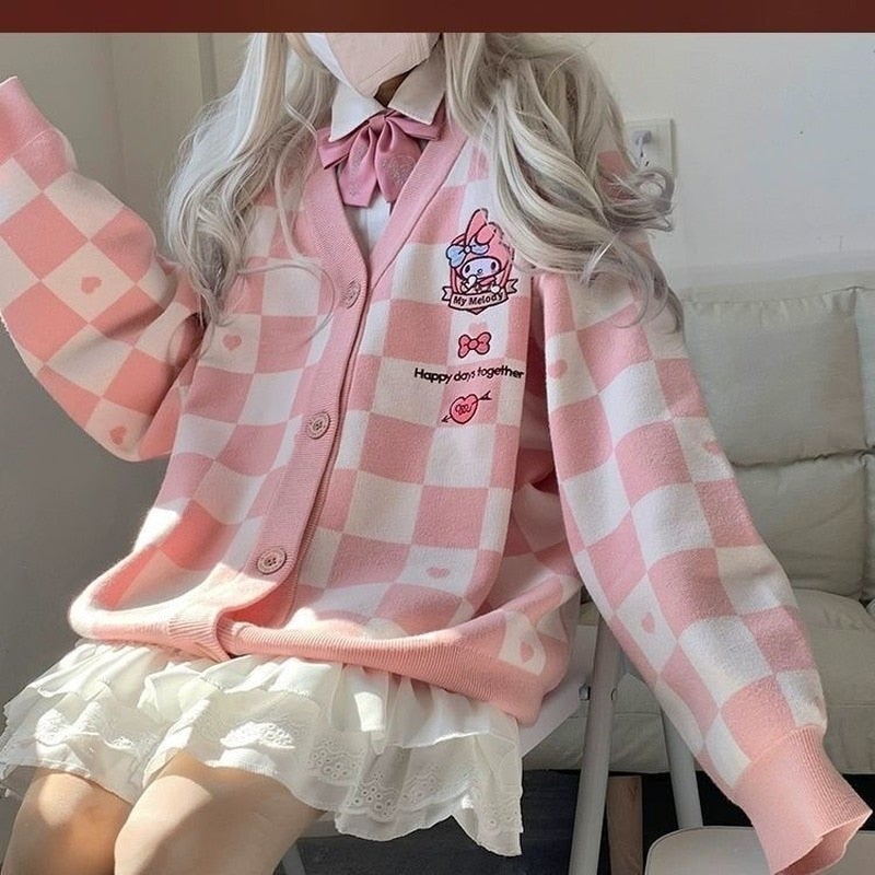 Kawaii Checkered Cardigan - M / Pink - brown, bunnies, bunny, cardigan, cardigans