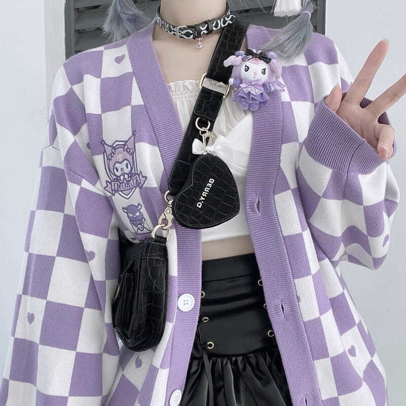 Kawaii Checkered Cardigan - M / Purple - brown, bunnies, bunny, cardigan, cardigans