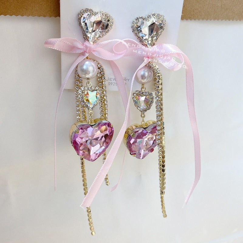 Crystal Princess Bow Drop Earrings with Heart Pendants – Kawaii Babe