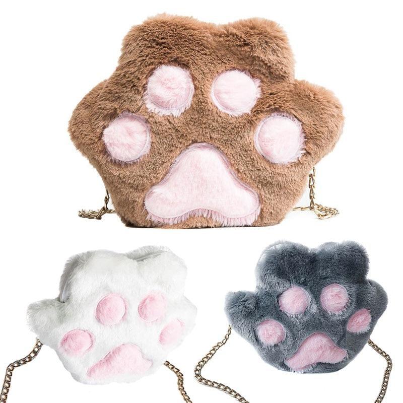 Kitty Cat Paw Purse Handbag Messenger Bag Fuzzy Furry Vegan Fur Soft Kawaii Fashion