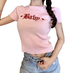 Pink Baby Embroidered Knit Crop Top Belly Shirt Cropped Tee T-Shirt Cute Kawaii Fashion Little Space